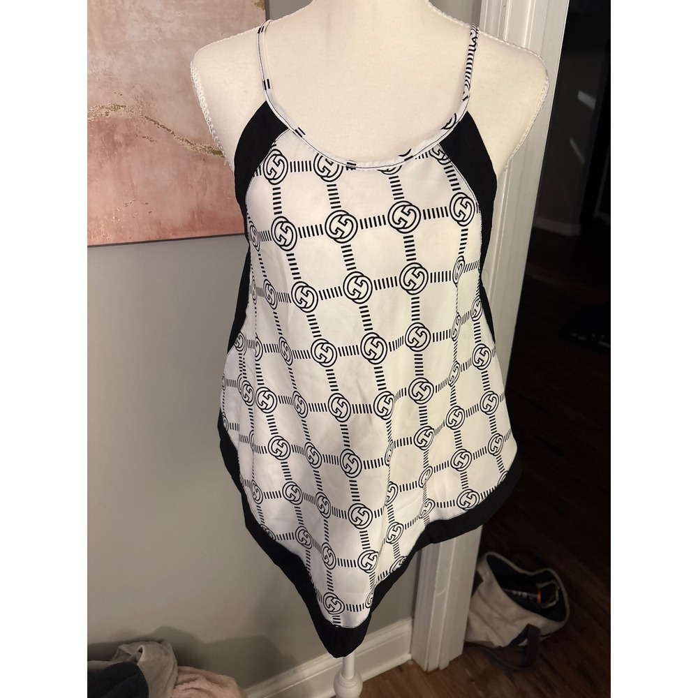 Speechless Womens Black White Geometric Link Print Handkerchief Hem Camisole Top